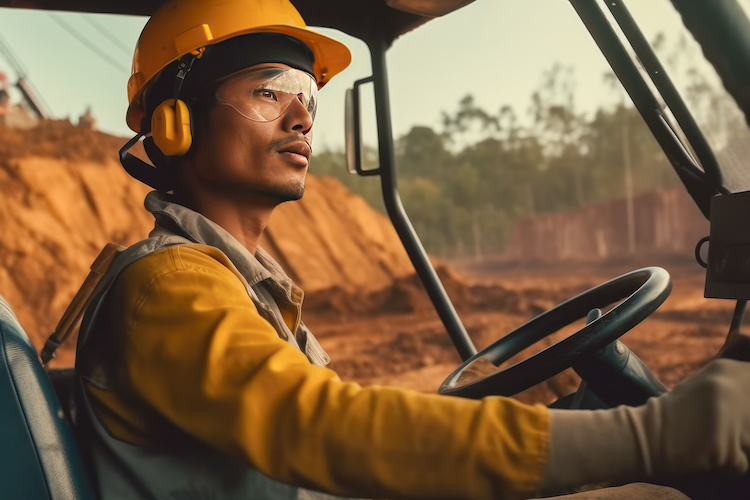 Insured excavator driving a dozer