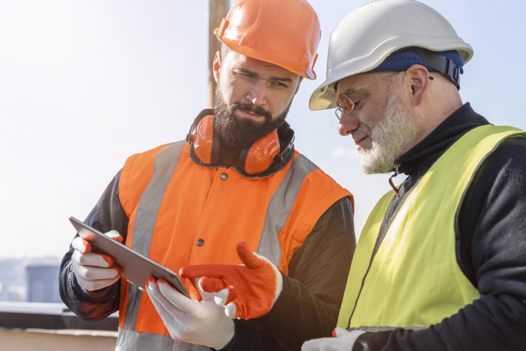 Team of construction professionals discussing and planning work while reviewing a blueprint on a construction site.