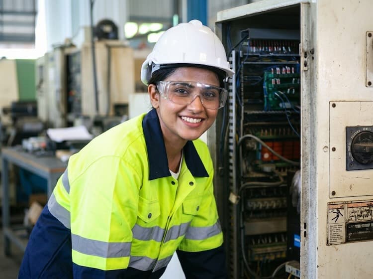 Insured female electrician in hi vis and a hardhat