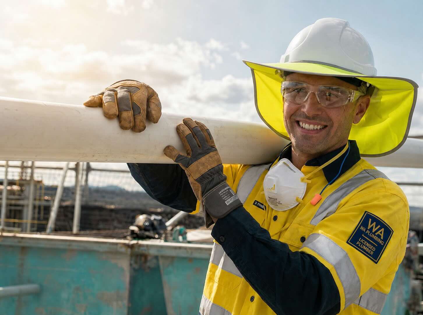 Insured male plumber holding a pipe
