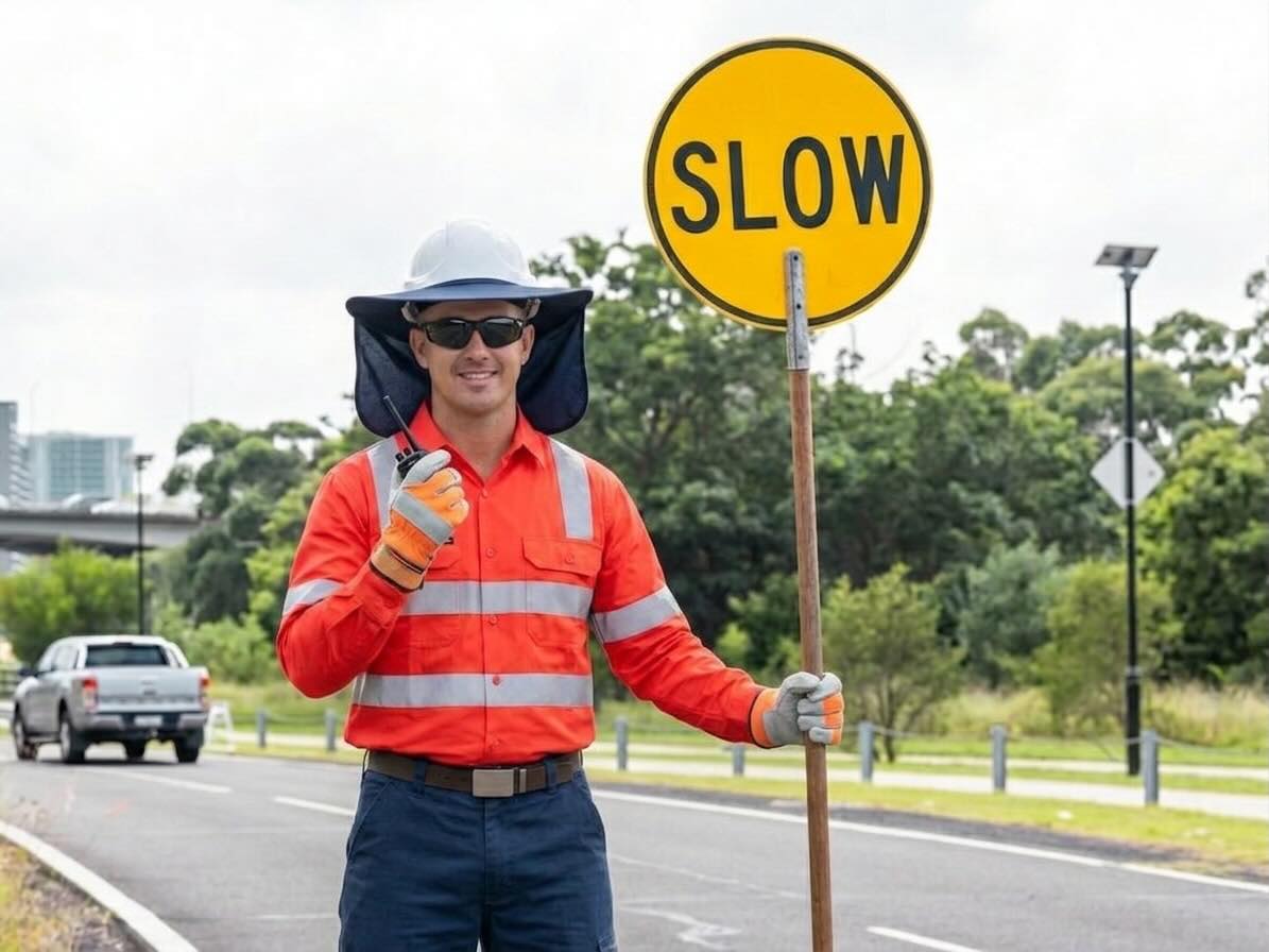 Insured traffic controller holding a bat wearing safety gear