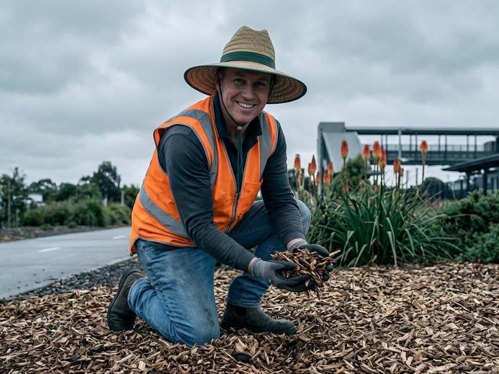 Insured landscaper holding mulch and wearing PPE