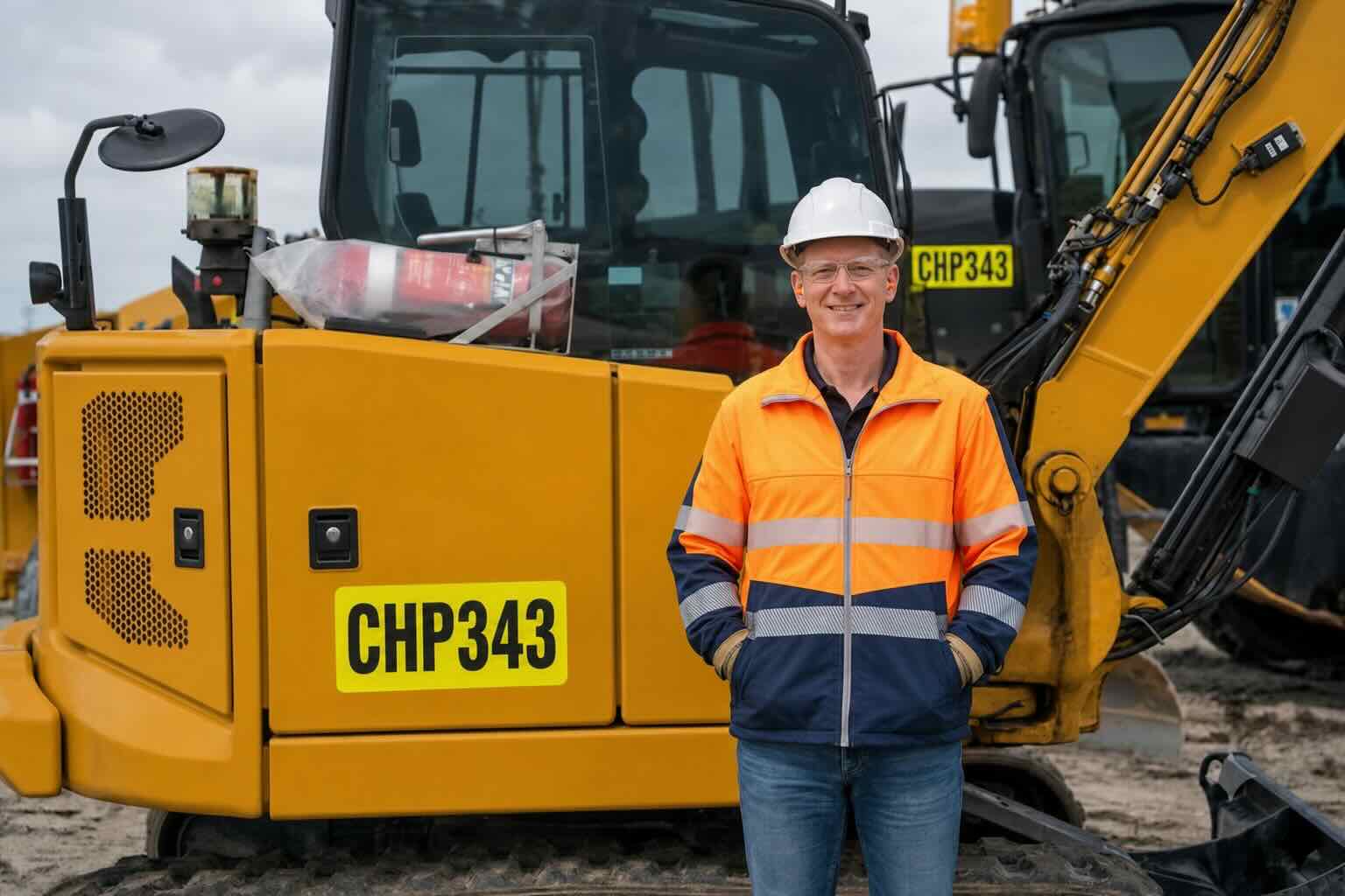Insured earthmover standing in front of a Caterpillar