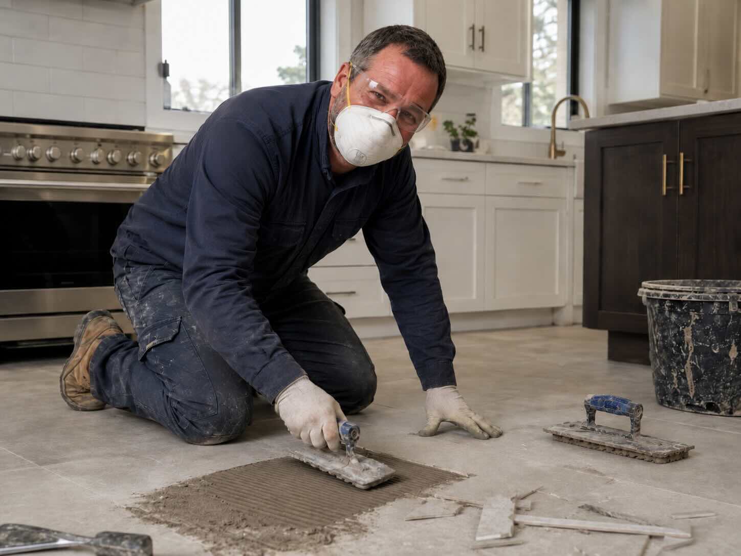 Insured grouter grouting a kitchen floor while wearing full PPE