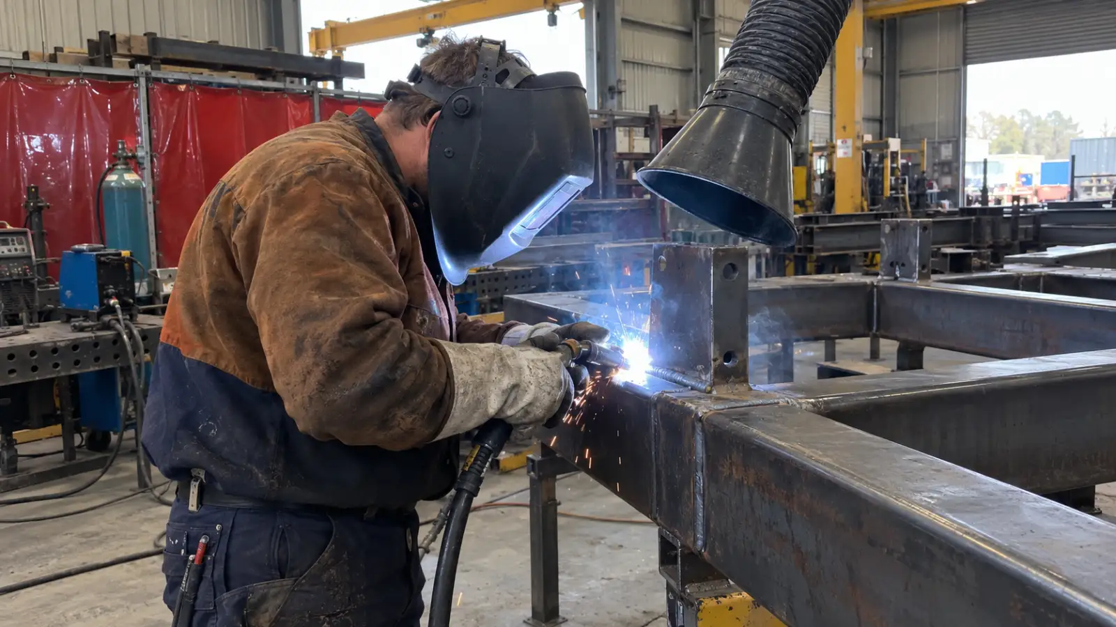 A welder in protective gear creating bright sparks while working on a large metal frame in a fabrication shop.